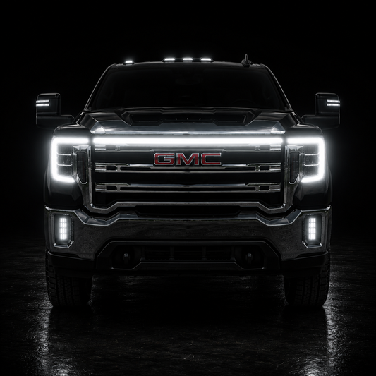 2020-2023 GMC Sierra 2500 SLE LED Grille “Power” Bar – White DRL, IP67, Bolt-On, Black or Silver