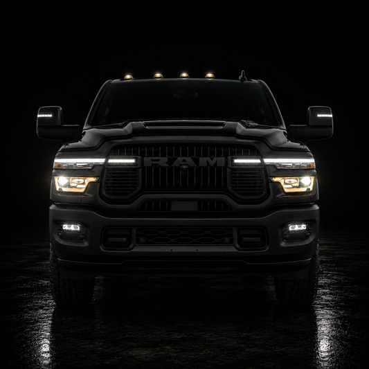 2025-2026 Ram 2500/3500 (6th-Gen) LED Grille Light Kit – Curved Fit, IP67, Bolt-On, Silver or Black Anodized Frame