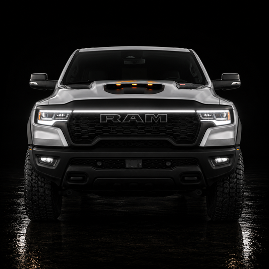 2025-2026 Ram 1500 RHO LED “Power” Grille Bar – White DRL Strip, IP67, Bolt-On, Black or Silver Frame