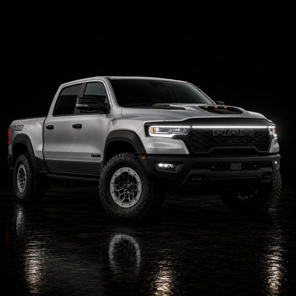 2025-2026 Ram 1500 RHO LED “Power” Grille Bar – White DRL Strip, IP67, Bolt-On, Black or Silver Frame