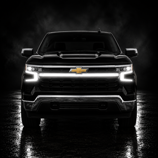 2023-2025 Chevy Silverado 1500 LED “Power” Grille Bar – LT & LTZ, IP67, Bolt-On, Black/Silver Frame
