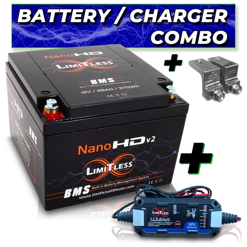 Nano -HDv2 30AH Motorcycle / Power sports Battery With 3.5A Battery Maintainer and Adapters 