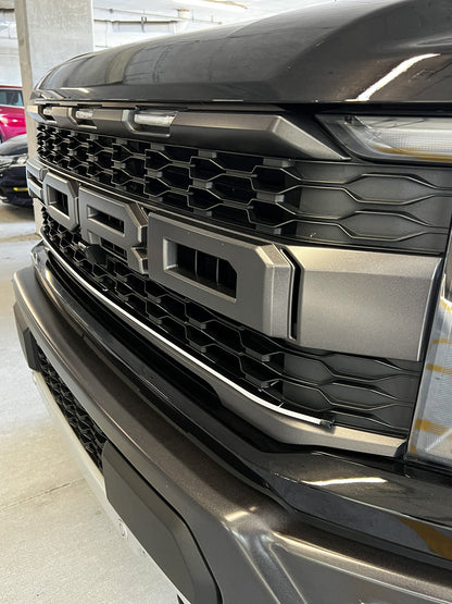 2021-2023 Ford F150 Raptor LED Grille Light Kit – Amber DRL Strip, IP67, Bolt-On, Black/Silver Bracket
